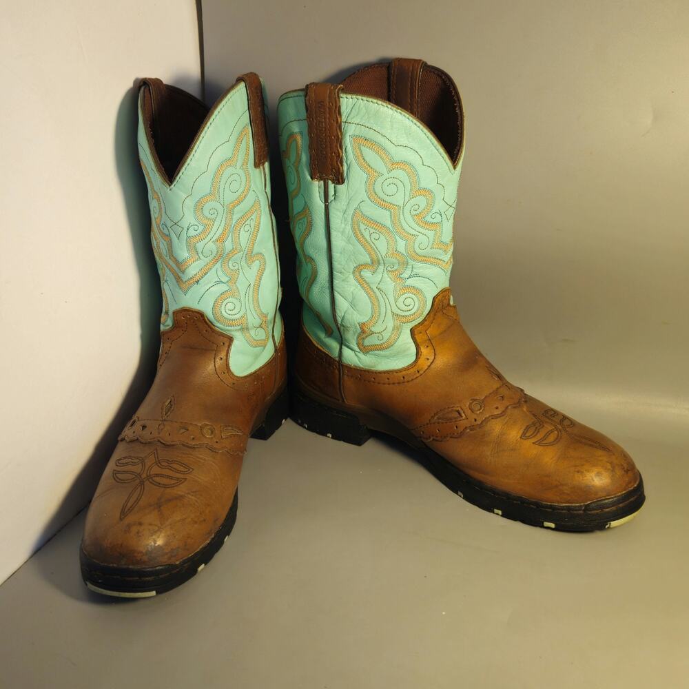 Sz 9B - JUSTIN Brown/Teal Cowgirl Boots Western L9034l/ VTG Rare Discontinued